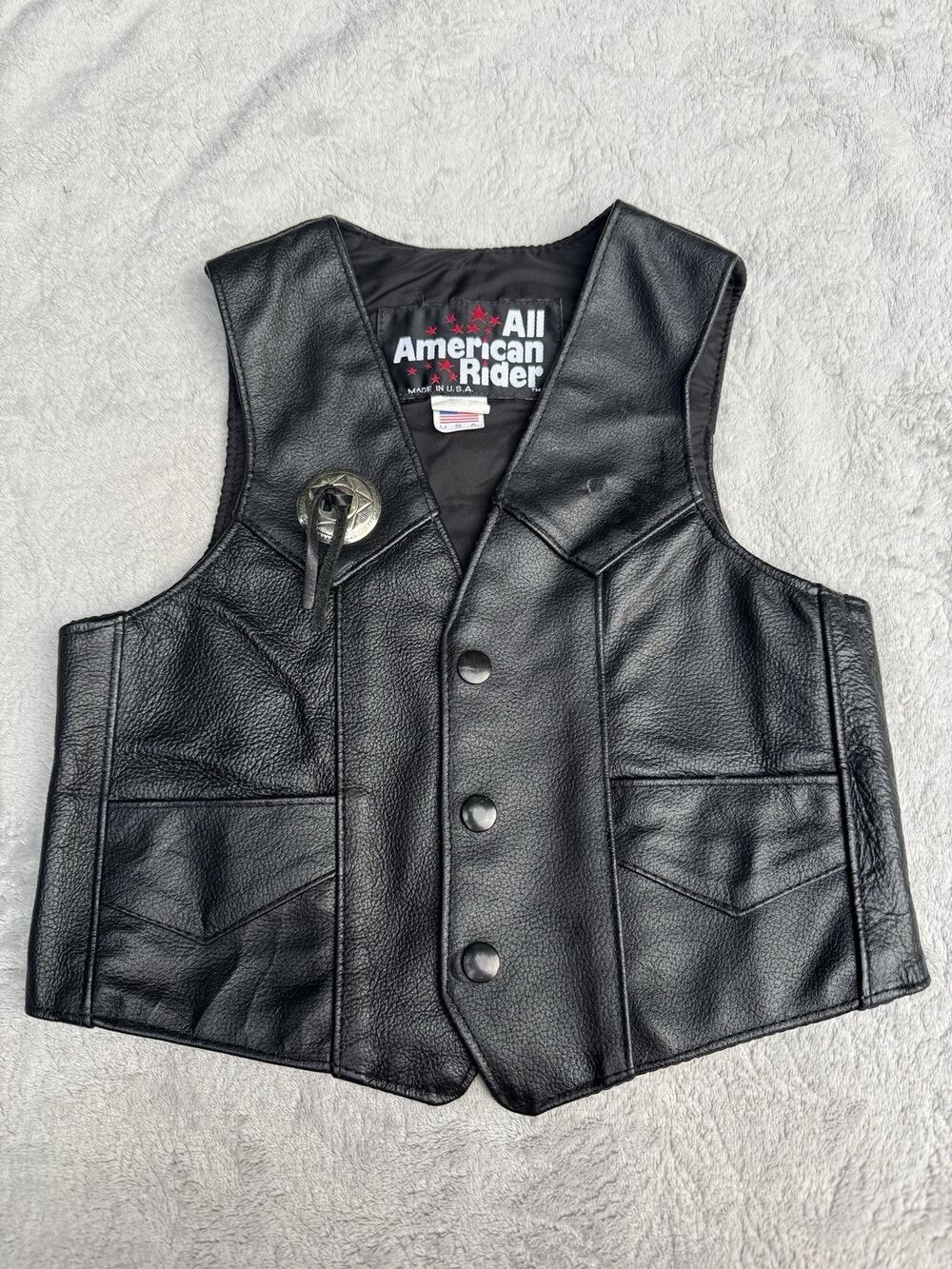 Kids All American Rider Leather Motorcycle Vest Size M Black